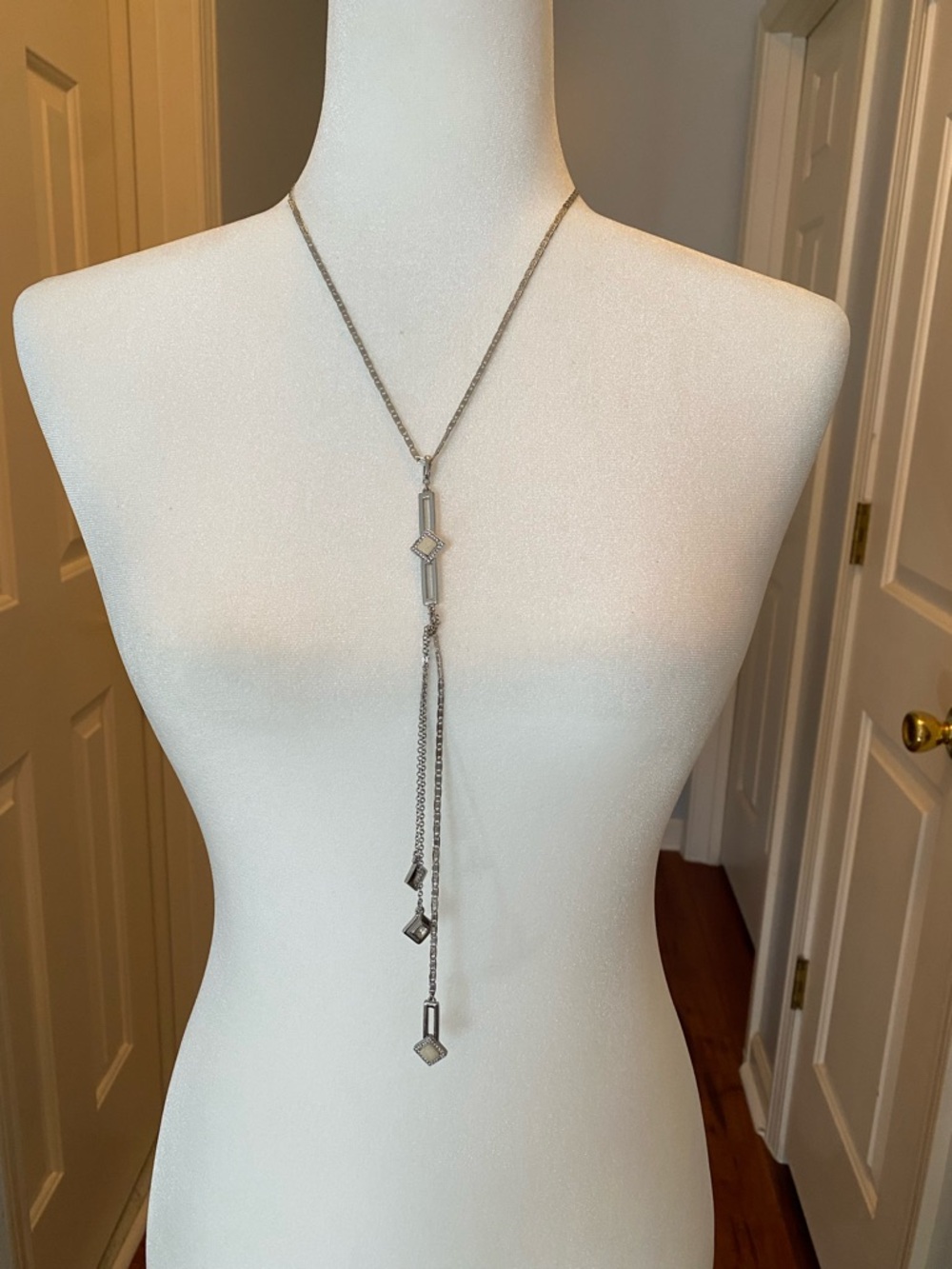 White House Black Market Silver Lariat Necklace with Geometric Drops and Tassel